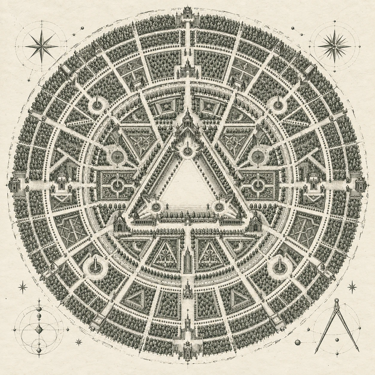 Engraved circular garden: many radial paths around a shared central courtyard